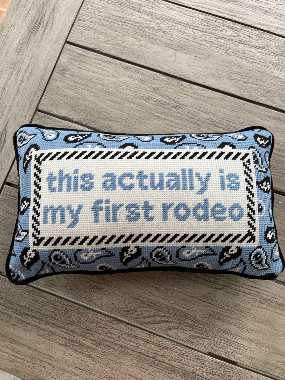 Furbish Studios Blue "This actually is my first rodeo" Wool Needlepoint Pillow